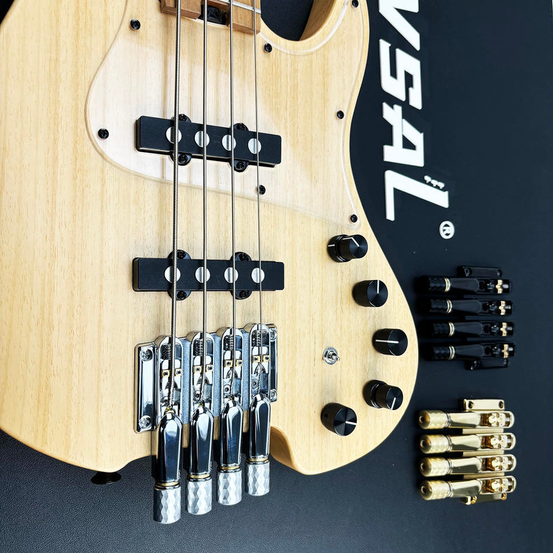 Chrome Headless Electric Bass Bridge 4 String Bass Bridge with Brass Saddles Bass Parts Replacement for 4 String Headless Bass Chrome