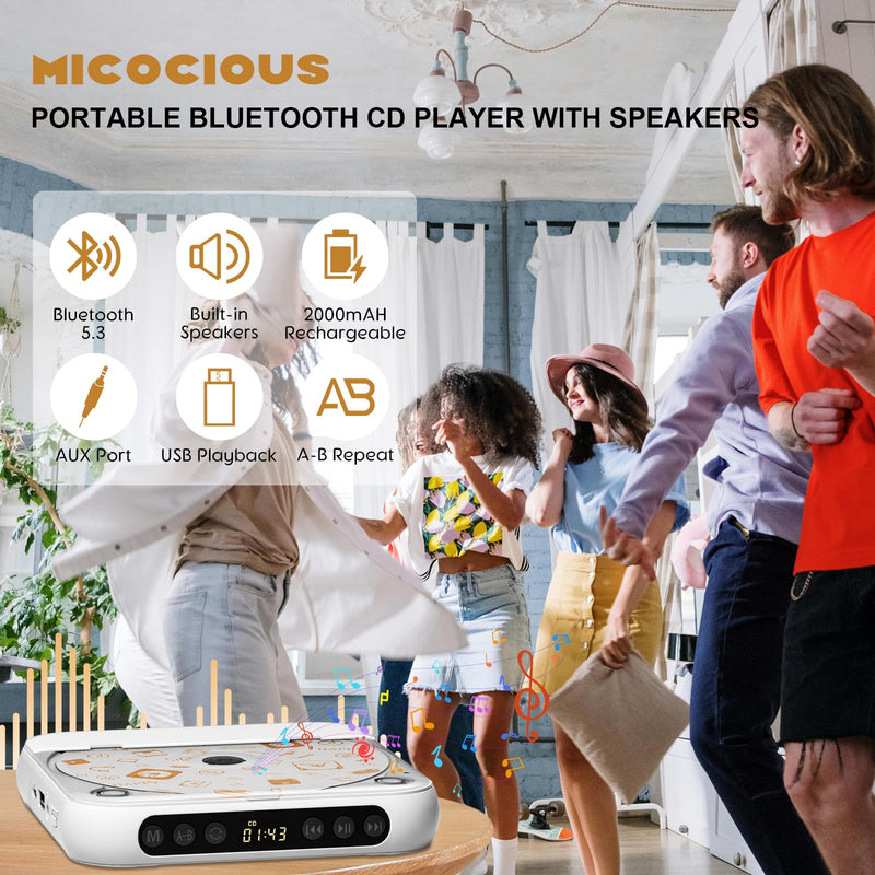 [AUSTRALIA] - Portable CD Player, Personal CD Player with Bluetooth for Home, Rechargeable Small CD Player with Headphones,Built-in HiFi Speakers, Support CD/AUX/USB, Anti-Skip/Shockproof 