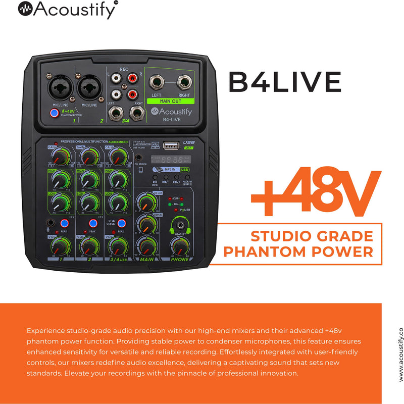 B4-Live 4-Channel DJ Mixer with Bluetooth, USB Playback, Recording, 48V Phantom Power, and Effects – Professional DJ Audio Mixer for Live Sound, Podcasting, and Studio Recording