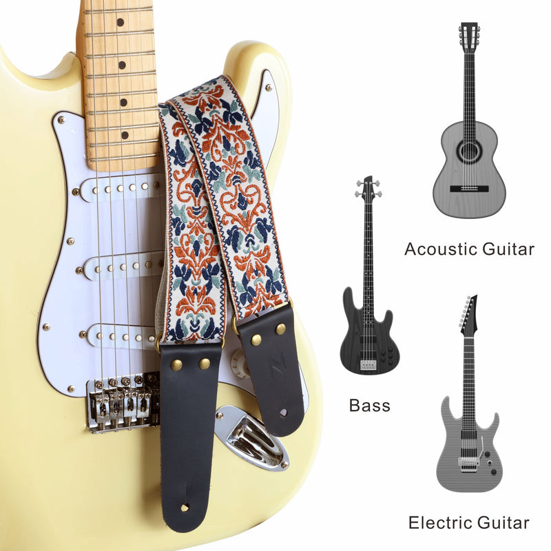 Nefelibata Guitar Strap, 2" Jacquard Embroidery Guitar Straps, Full Grain Leather Ends with Hidden Pocket, for Bass, Electric and Acoustic Guitars, Free Buckle, Strap Lock and Guitar Picks Golden Jacquard