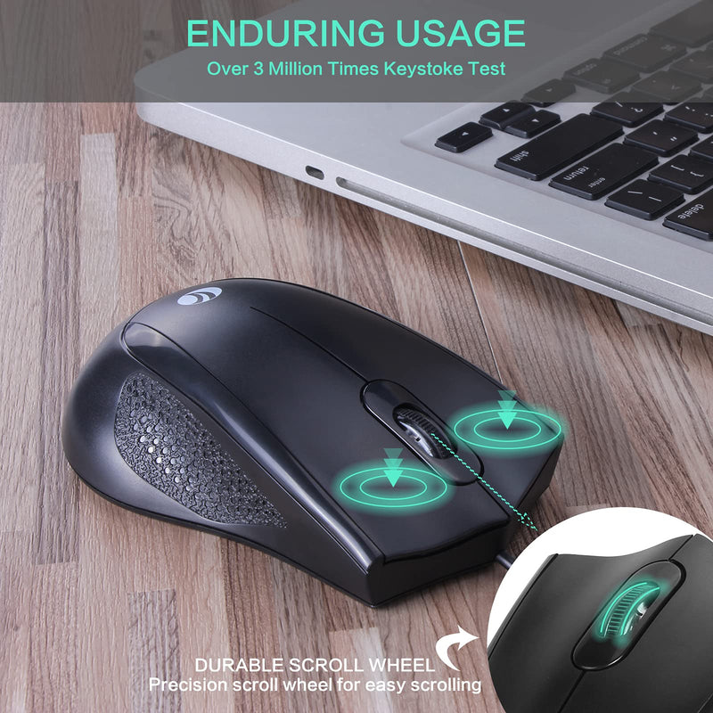VCOM Wired USB Mouse with 6-Foot Cord & 1200 DPI, Right or Left Hand Use for Work Study Home, 3-Button Ergonomic Optical Mouse Compatible with PC Laptops Desktop Computer Windows Vista Linux, Black 1-Pack
