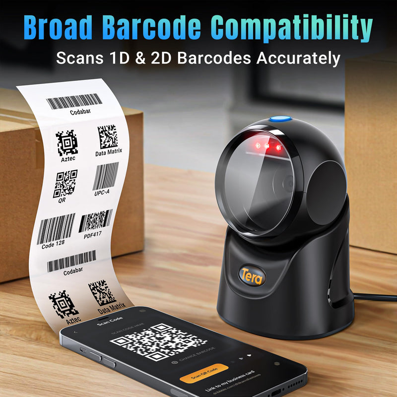 Tera Barcode Scanner Handsfree Omnidirectional: Desktop 1D 2D QR USB Wired Adjustable Angle Plug and Play Bar Code Reader for POS Supermarket Retail Store Mobile Payment Model 9700 Black