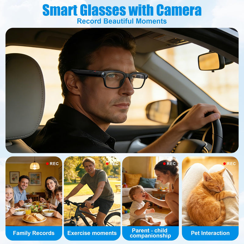 AI Smart Glasses with Camera, 8MP HD Camera Glasses for Women Men, Video Recording Sunglasses with Voice Assistant, Open-Ear Audio, Real-Time Translation for Life &Work Vlog, Black(3 Lenses)