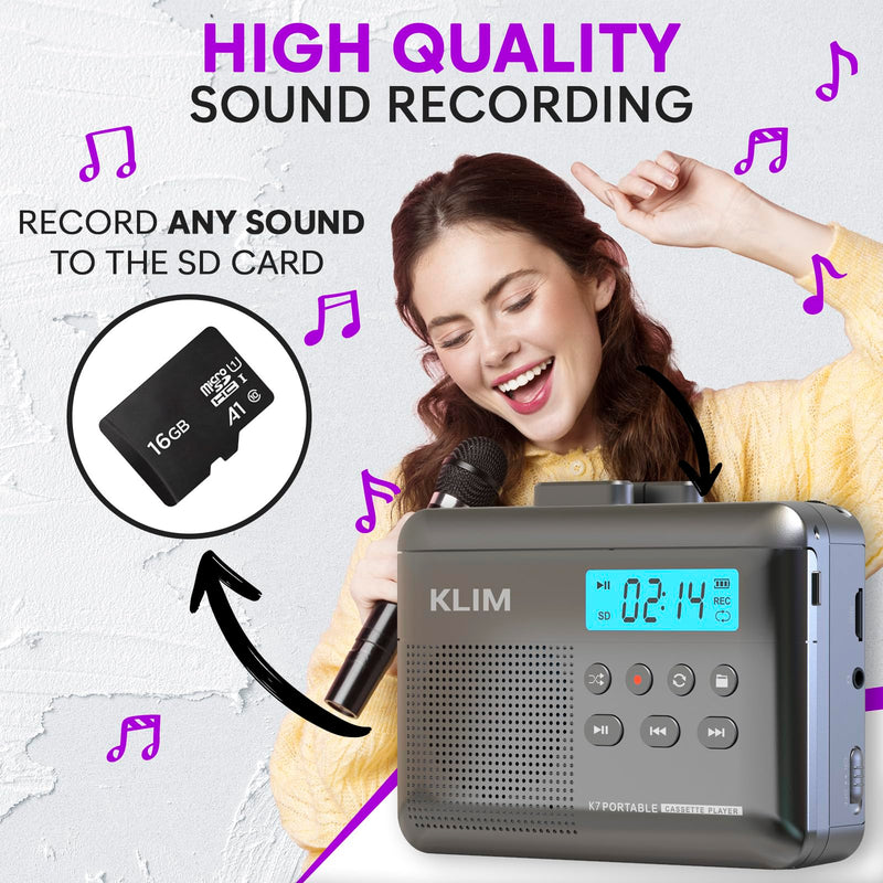 [AUSTRALIA] - KLIM K7 Cassette Tape Player - Cassette to MP3 Converter - Portable - Built-in Microphone & Speaker - Rechargeable Battery - Earphones - 16GB SD Card - Ash 