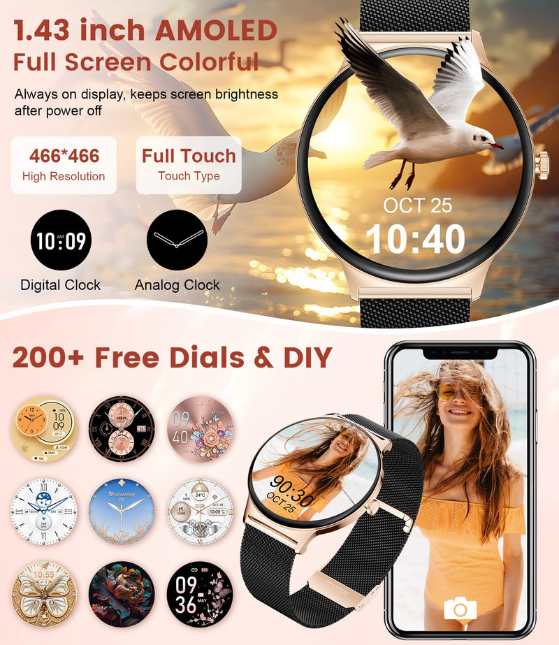 LIGE Smart Watch for Women(Dial/Answer Calls), 1.43" AMOLED HD Display, 100+ Sport Mode Fitness Tracker, 5ATM Waterproof/IP68/Sleep Smartwatch Womens, Ladies Smart Watches for iOS Android (Black Gold) Black Gold
