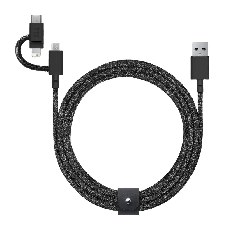 Native Union Belt Cable Universal - 6.5ft Ultra-Strong Reinforced [MFi Certified] Durable Charging Cable with 3-in-1 Adaptor for Lightning, USB-C and Micro-USB Devices (Black) Cosmos