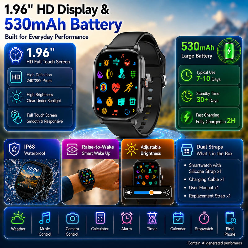 Smart Watch for Men Women Built-in GPS with AI (Answer/Make Call), 1.96" HD Display, IP68 Waterproof, Bluetooth Calls, 100+ Sport Modes, 24/7 Health Monitor, Fitness Tracker for Android iPhone Black 1.96"