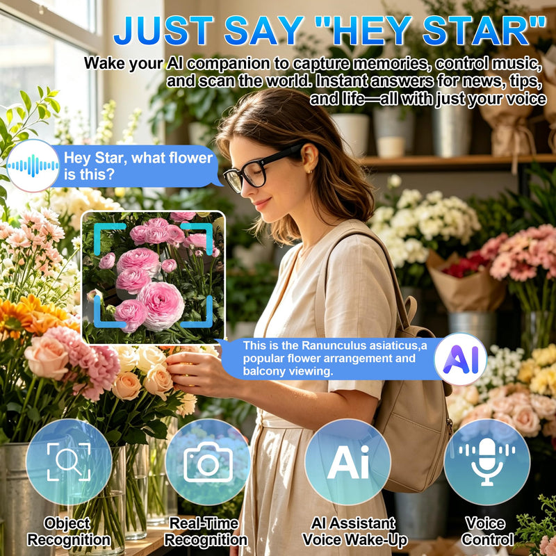 AI Smart Glasses with Camera, 4K Video Recording & Photo Capture Sunglasses | Real-Time Translation, Open-Ear Bluetooth Audio, AI Voice Assistant, Object Recognition, Replaceable Lenses for Men & Women
