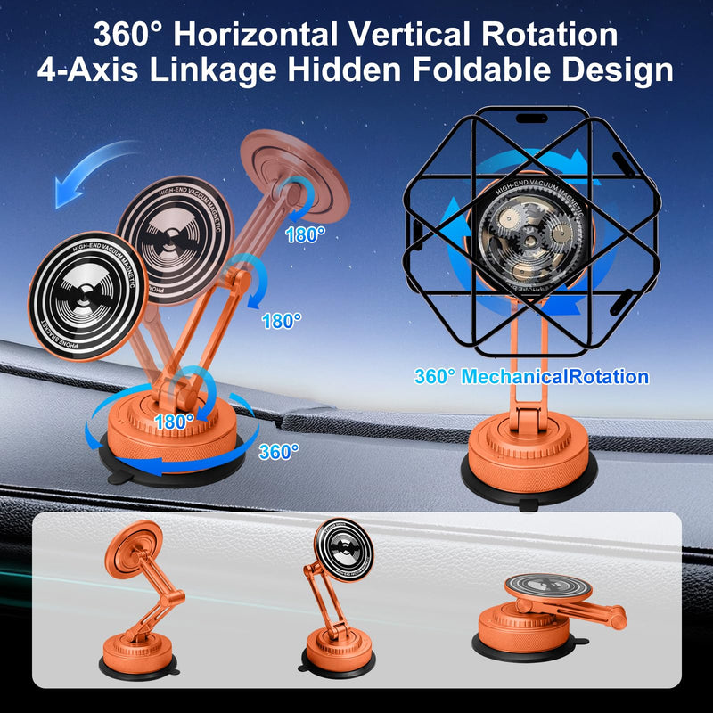 All-Metal Alloy Long Arm Magnetic Suction Cup Car Phone Mount(Orange) | Strong Powerful Magnetic Heavy-Duty Windshield Dash 360° Mechanical Rotation Cell Mobile Phone Vehicle Bracket for All Cars Orange