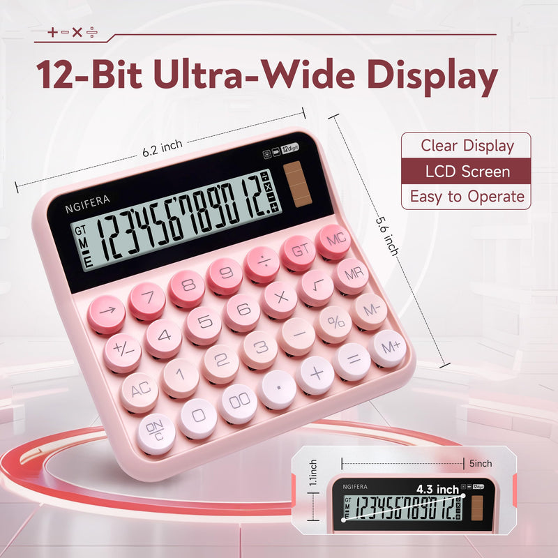 Desktop Calculator, 12 Digit HD Display with% Key | Real Mechanical Switch Keypad with Solar and Battery Dual Power, Great for Office, School, or Home Blush Pink