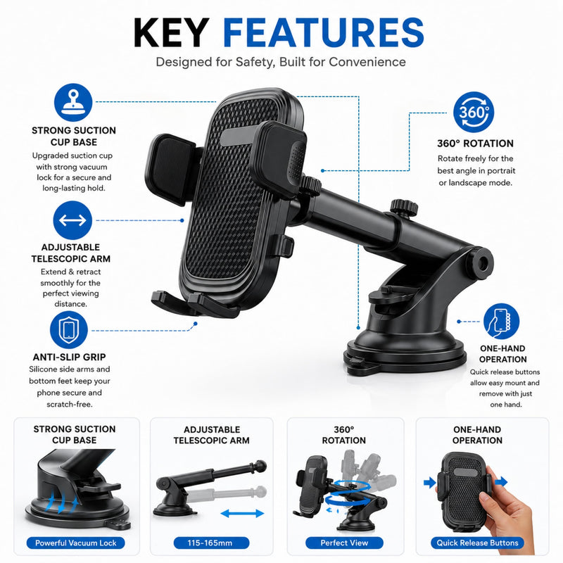Wireless City Car Phone Holder, Ultra Stable, Big Phones & Thick Case Friendly, Adjustable Long Arm Cell Phone Holder for Car Dashboard Windshield Car Mount