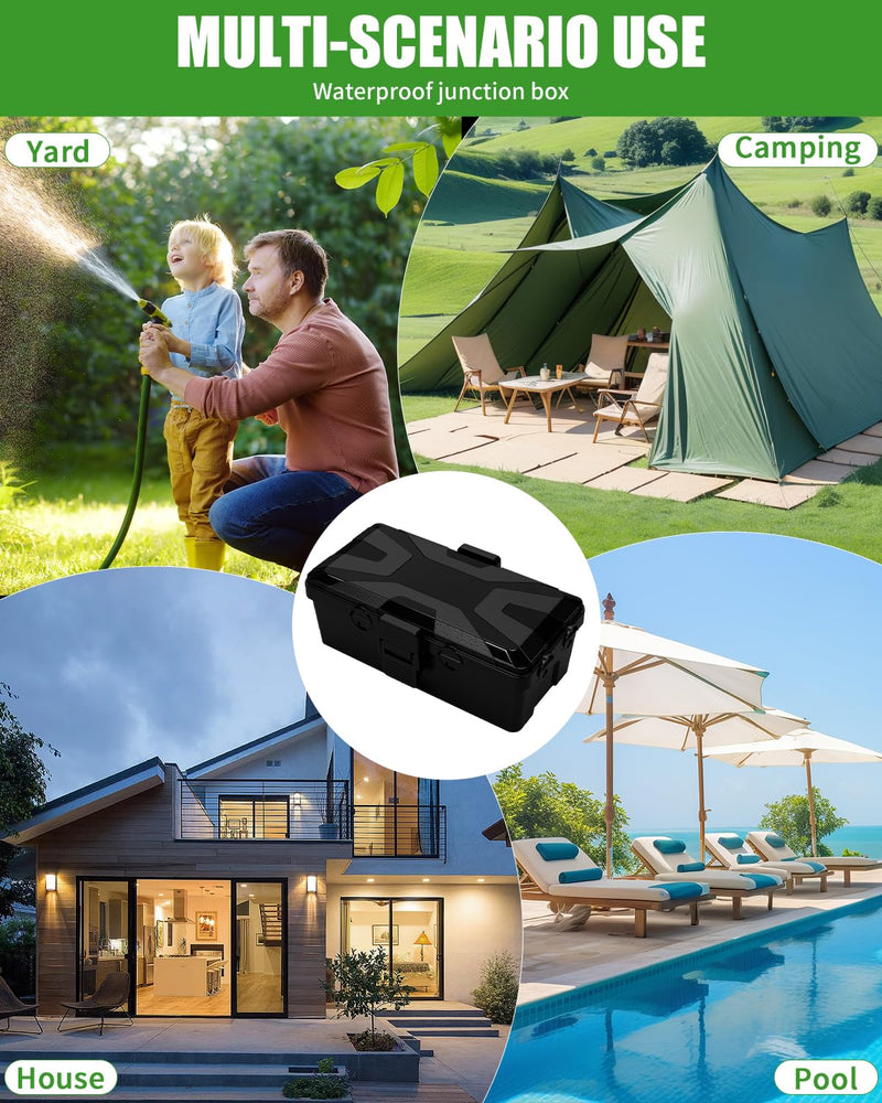 Waterproof Cable Box, 26.1 x 15 x 9.4 cm, Outdoor Cable Safe Box, Cable Box, Cable Box, 6 Cable Inputs and Outputs, Weatherproof Connection Box Covers, Protect Socket, Timer, Holiday Light, Black black + 26 x 15 x 9.4 cm