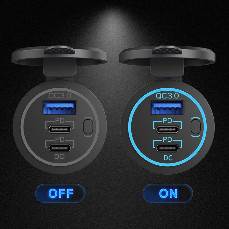 12V USB Outlet Wire USB Charger Multi Port, 3-Port Marine USB Fast Charger Waterproof Cigarette Outlet USB Replacement Aluminum