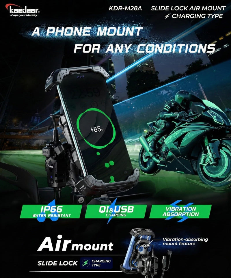 Kaedear Qi Wireless Charging Motorcycle Phone Mount, IP66, KDR-M28A | Qi wireless charging, USB charging, vibration absorption, IP66 waterproof, quick release, locking system, slide-lock design