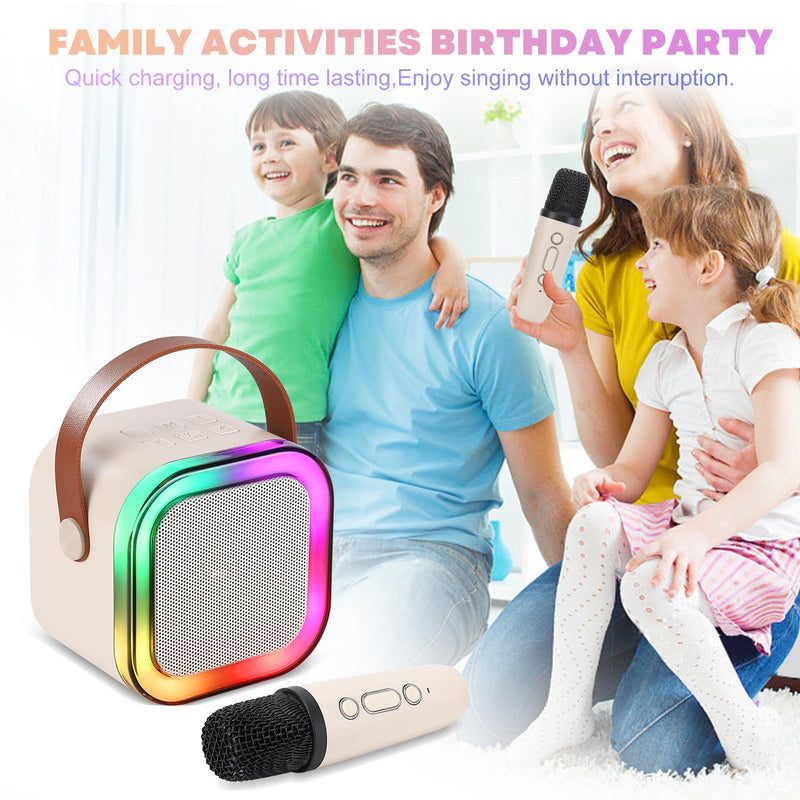 Mini Karaoke Machine, Portable Bluetooth Karaoke Speaker with 2 Wireless Microphones and Light for Family Home Party,Toys for Girls Boys Friends Age 3-12+ Kids and Adults Birthday Gifts. (Beige) white