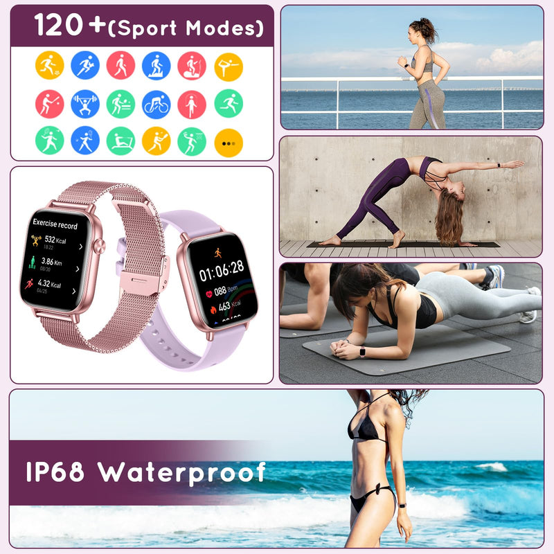 Smart Watch for Women 1.83" HD Bluetooth Call Step Fitness Tracker 3 Bands | Compatible Android & iPhone Phones Smartwatch with Heart Rate/SpO2/Sleep Monitor, Waterproof 120+ Sports Modes, Purple