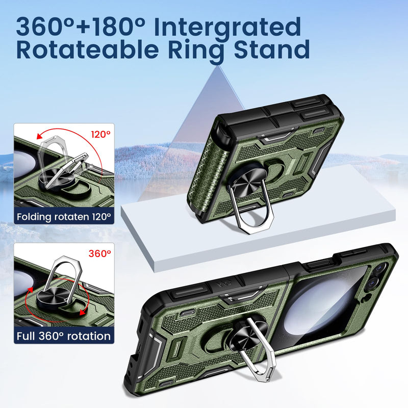 VEGO for Z Flip 5 Case with Hinge Protection, 360°Ring Magnetic Kickstand & Camera Screen Protector & Belt Clip Holster, Military Grade Shockproof Case for Samsung Galaxy Z Flip 5 - Green