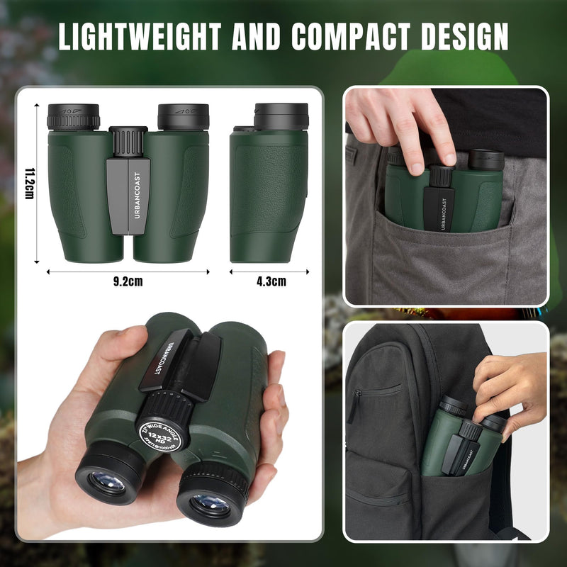 12x32 Compact Binoculars for Adults - High Powered Lightweight Small Binoculars with Large View - Super Bright Waterproof Binocular for Bird Watching Travel Cruise Ship Hiking Sports Concert Dark Green