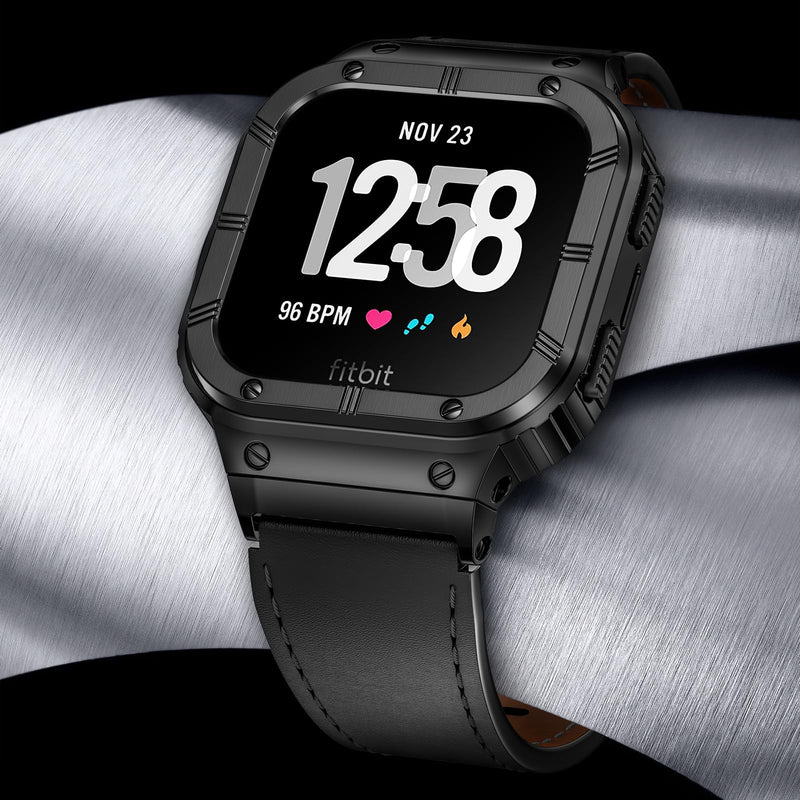 BAITEYOU Leather Bands with Stainless Steel Case Compatible with Fitbit Versa 1 2 3 4 Lite Sense 2 1 Protective case for men Black/Black Case