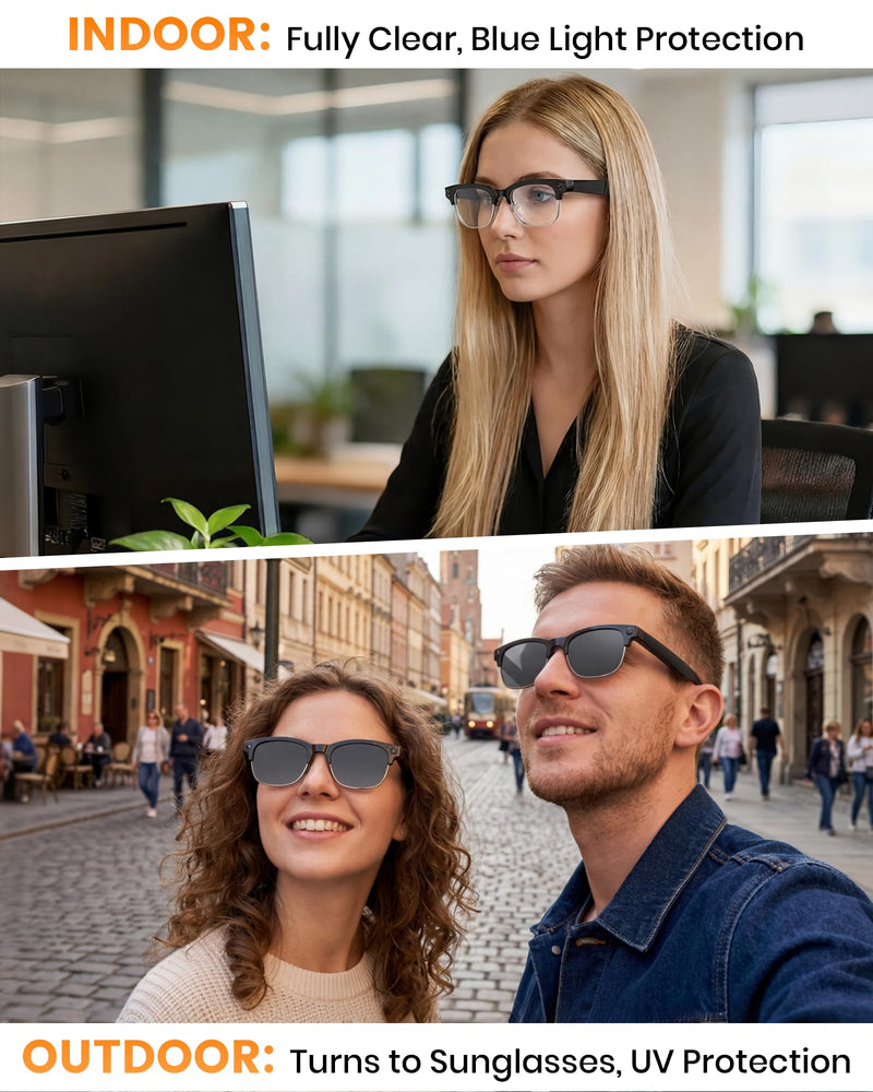 AI Smart Glasses with Camera, Anti-Shake Video & Photo Capture | Open-Ear Music & Calls, Touch Control, Voice Assistant, Real-Time Translation, Auto Photochromic UV400 PC Lenses