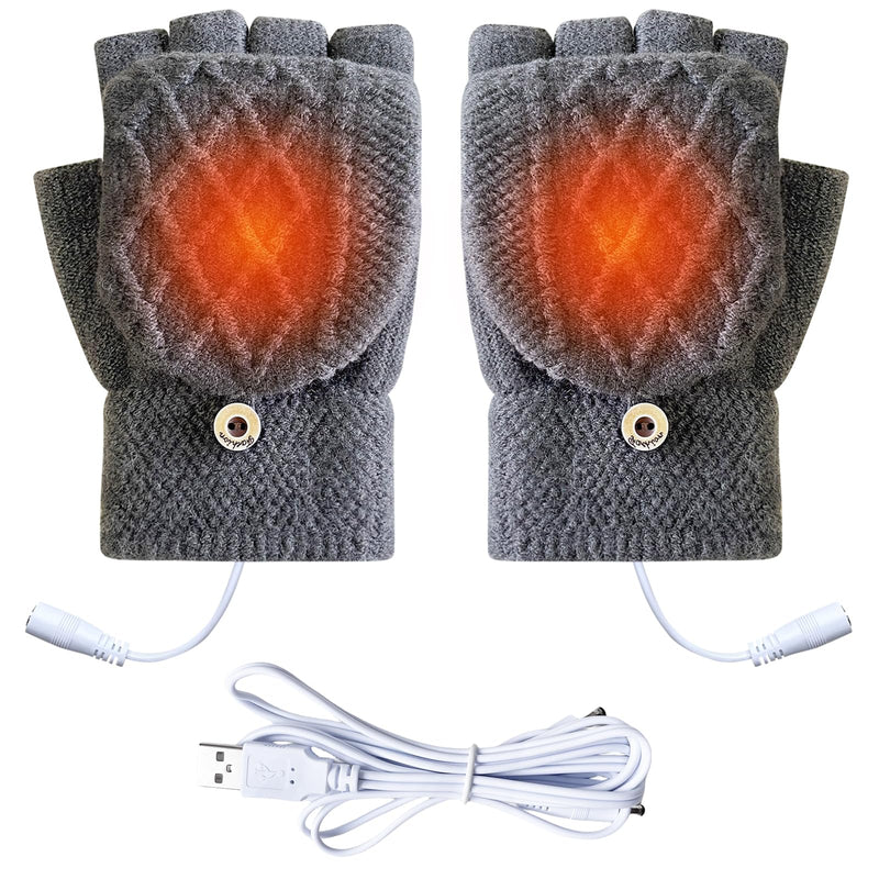 Women's & Men's USB Heated Gloves Mitten Full & Half Fingerless Winter Hands Warmer Laptop Gloves Pure Grey