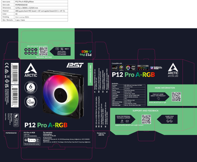 [AUSTRALIA] - ARCTIC P12 Pro A-RGB - Powerful Premium Fan, 120 mm PWM Fan with Y-Cable Splitter, 600-3000 RPM, 0 RPM <5% PWM, 5V Digital RGB, Fluid Dynamic Bearing, 4-Pin - Black 