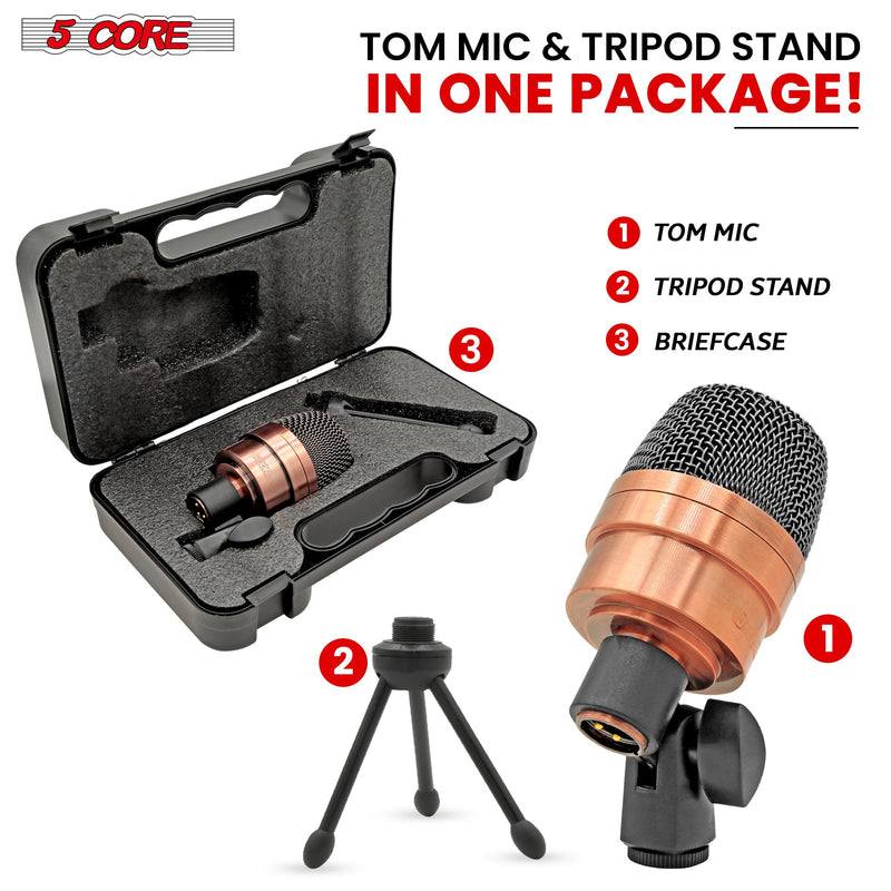 5 CORE Tom Microphone Copper Finish XLR Wired Uni Directional Snare Drum and Other Musical Instrument Mic w Swivel-Mount Steel Mesh Grille Tripod Carry Case Included Tom XP COPPEREX Metallic