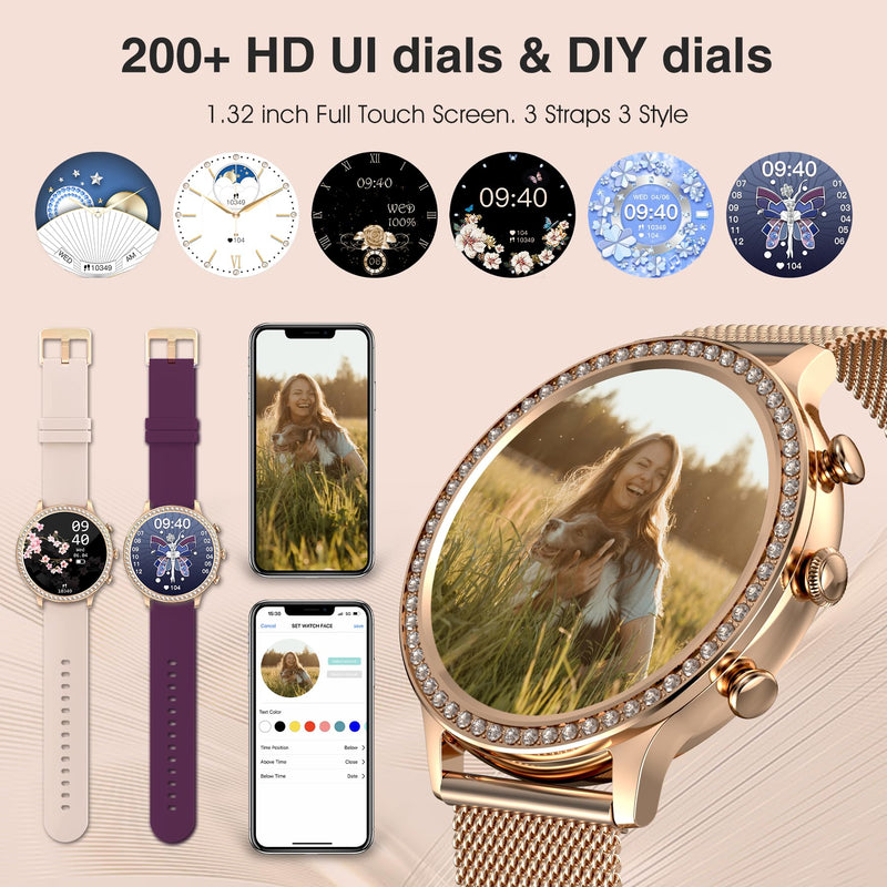 Women's Smart Watch(Call Receive/Dial), Fitness Tracker Waterproof Smartwatch for Android iOS Phones with 1.32" HD Full Touch Screen AI Voice Control Heart Rate Sleep Monitor Pedometer Rose Gold