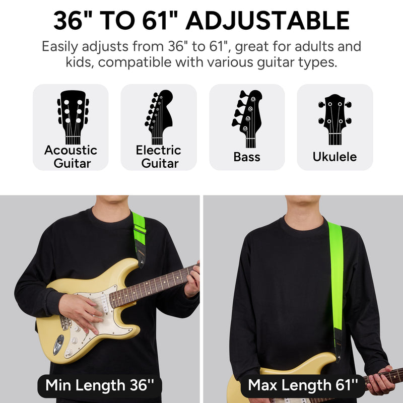 Amumu DURALINK Nylon Seatbelt Guitar Strap with Top Grain Leather Ends for Acoustic, Electric, Bass Guitar, with Quick-Fetch Pick Holder -Neo Green Neo Green