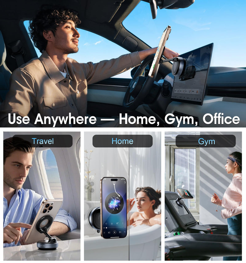 REOKILY 2026 Upgraded Vacuum Magnetic Car Phone Holder 360° Reinforced 96LBS Ultra Suction Cup Phone Mount for MagSafe Cell Phone Holders for Your Car/Gym/Mirror Mount for iPhone & Android Black