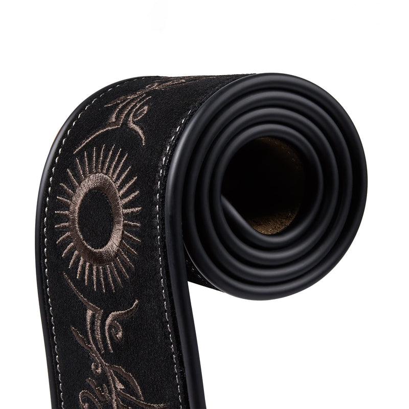 [AUSTRALIA] - Amumu Embroidered Suede Leather Guitar Strap for Acoustic, Electric and Bass Guitar - Black Sun-flower Embroidered 