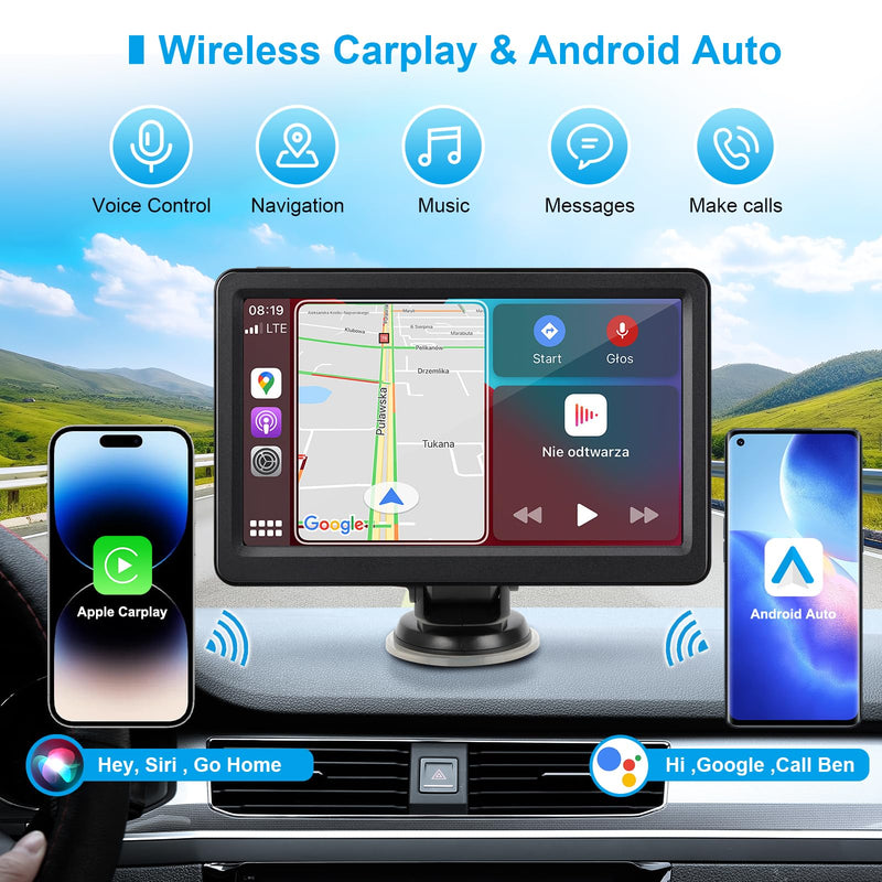 Wireless Carplay Screen for Car, 7" HD Touch Screen Portable Car Stereo for Carplay & Android Auto, Pantalla para Carros with Bluetooth, AUX, FM Transmitter, Voice Control