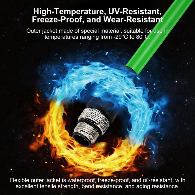 M12 D-Code 4-Pin Male to RJ45 Industrial Ethernet Cable, 10M (32.8ft), 24AWG CAT5e SFTP Shielded PVC, IP67 Waterproof, for Profinet, Cognex, Keyence, Basler Vision Camera & Automation Green