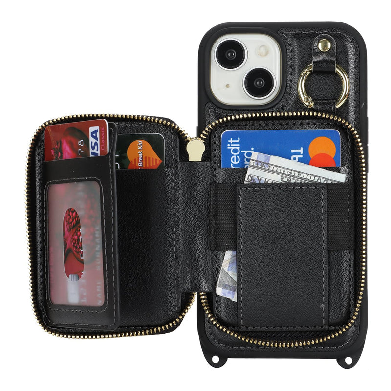 Cavor for iPhone 13 Wallet Case with Card Holder, Black | for iPhone 13 Case with Strap, Crossbody Lanyard Phone Case for Women Men, Magnetic Detachable Compatible with Magsafe