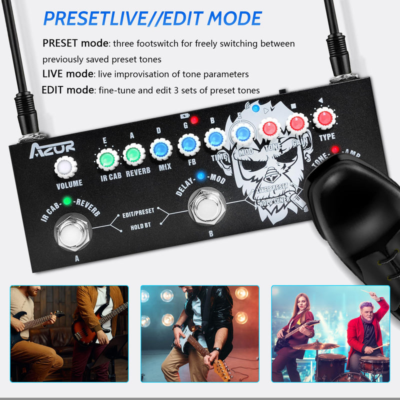 AZOR Multi Effects Guitar Pedal with 3 Preset,8 IR Cab 9 AMP Models, Reverb Delay Overdrive, Distortion and Tuner for Electric Guitar, Rechargable Multi Effect Pedal