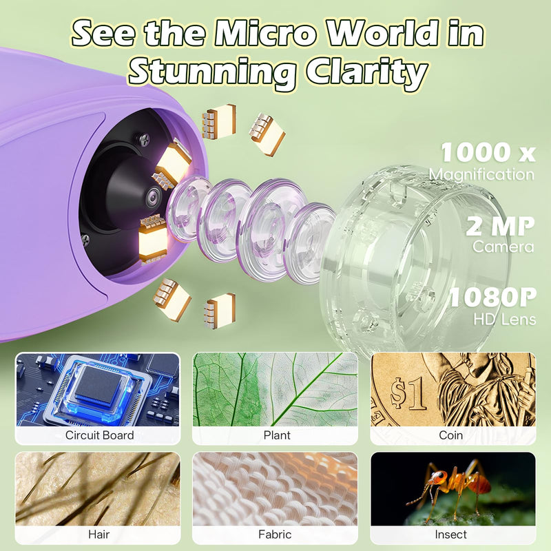 [AUSTRALIA] - Alotwan Kids Digital Microscope 1000X Zoom, Mini Pocket Handheld Microscope with Camera/Video/Telescope Function, Portable Outdoor Travel Toys for Boys Girls 3-8 Years STEM Gifts, 8GB SD Card Included Purple 