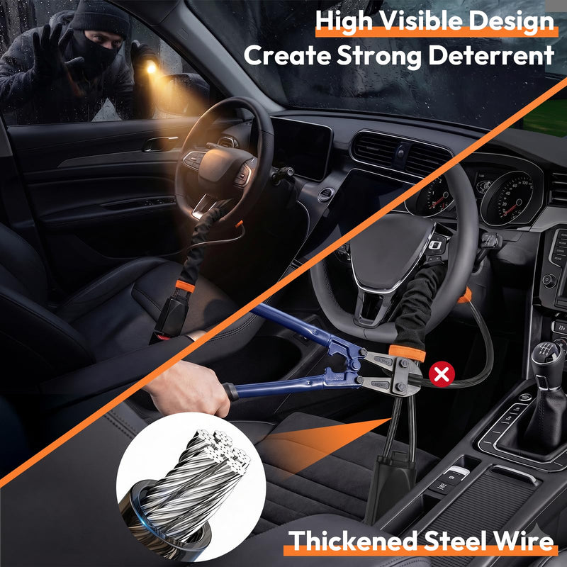 Car Steering Wheel Lock, 1PC Car Anti Theft Device, Seat Belt Lock | Thickened Steel Wire, Max 17” Locking Length, Easy Storage, 3 Keys, Fits Most Vehicles, Trucks, SUVs, Vans (Black) Black 1