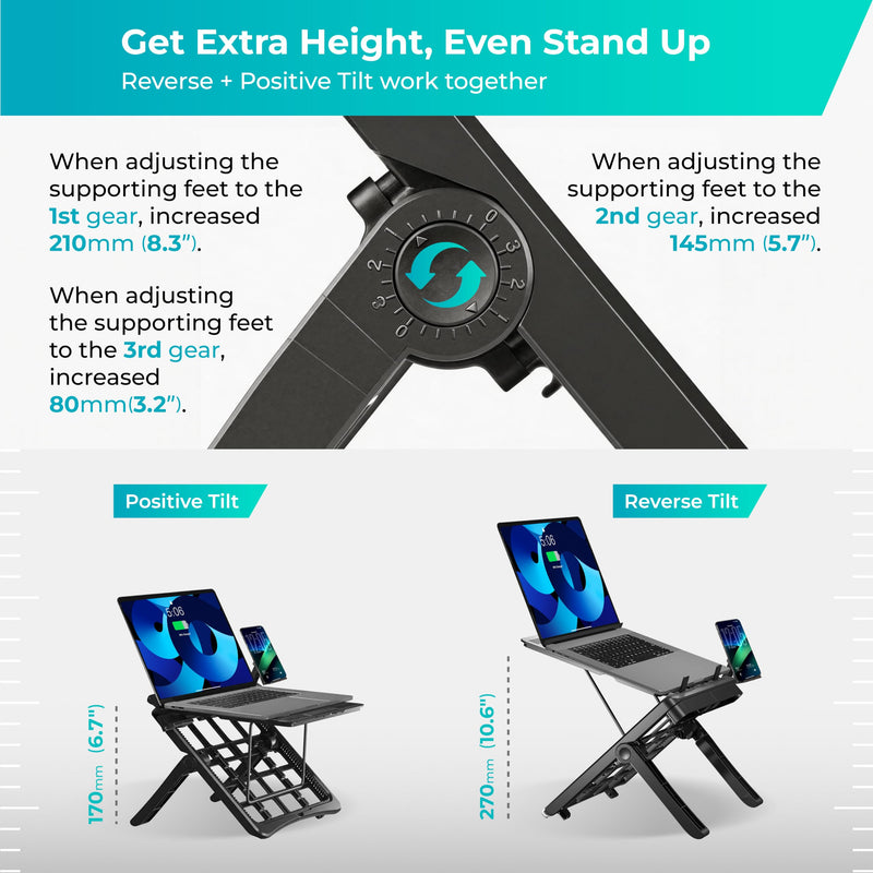 ergounion Adjustable Laptop Stand for Desk, Ergonomic Riser for 10-17" Lap | ABS 4-in-1 sit-stand riser with phone holder. Fits Mac/Dell/HP. Great for students & workers.For office, dorm, travel, gaming