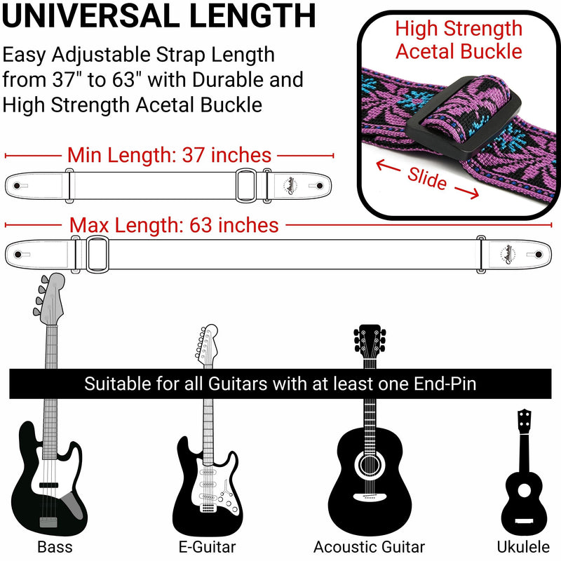 Amumu Guitar Strap Jacquard Purple Blue Flower for Bass, Electric & Acoustic Guitar Accessories