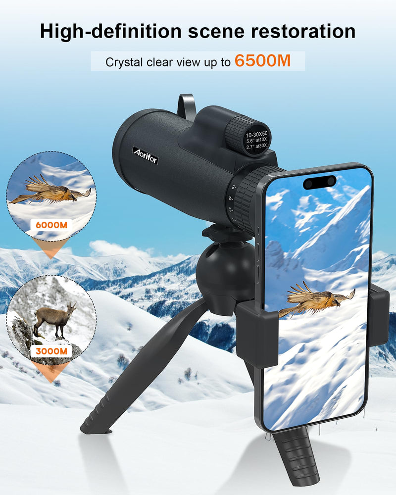 10-30x50 Monoculars for Adults High Powered with Smart Phone Holder & Upgraded Tripod, Starscope Monocular Military Grade for Outdoor Exploration, Bird Watching, and Scenic Viewing 10-30x50