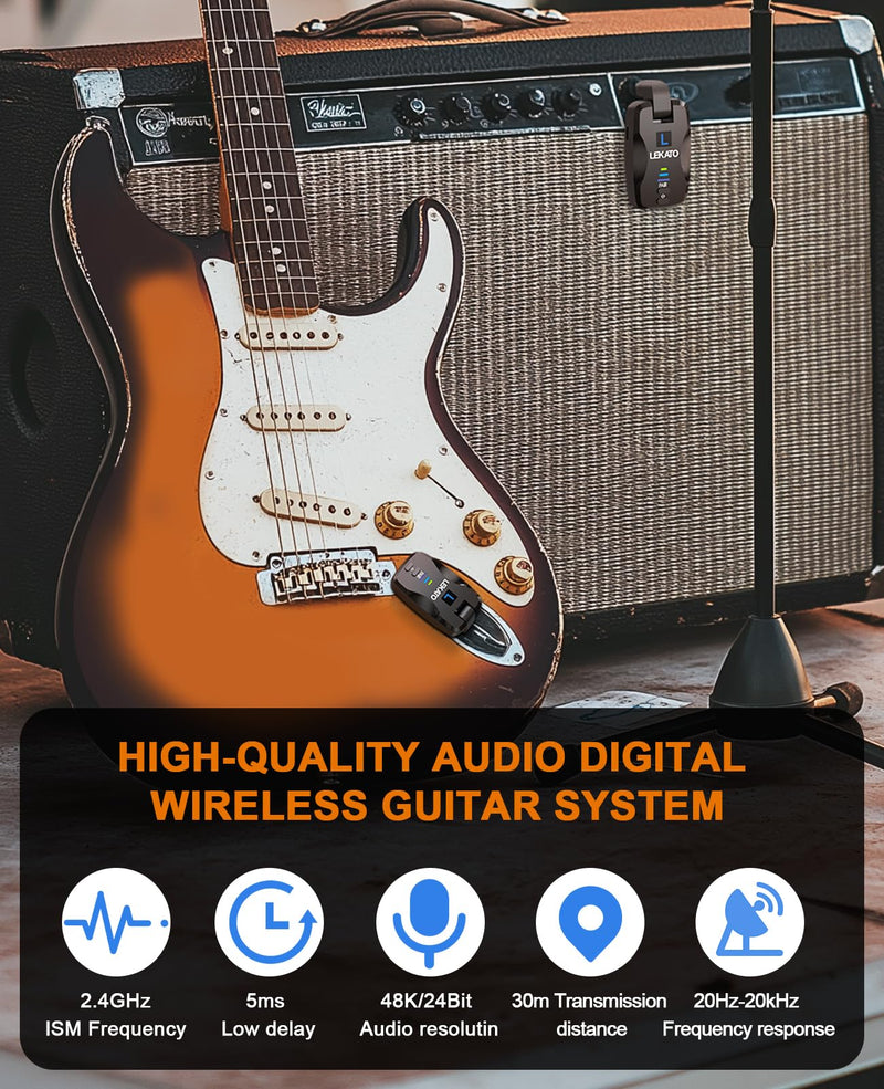 LEKATO 2.4Ghz Wireless Guitar System Exclusive Mute Plug for Electric Guitar Bass, Audio Wireless Guitar Transmitter and Receiver with 18 Channels Rechargeable Guitar Wireless System for Guitar