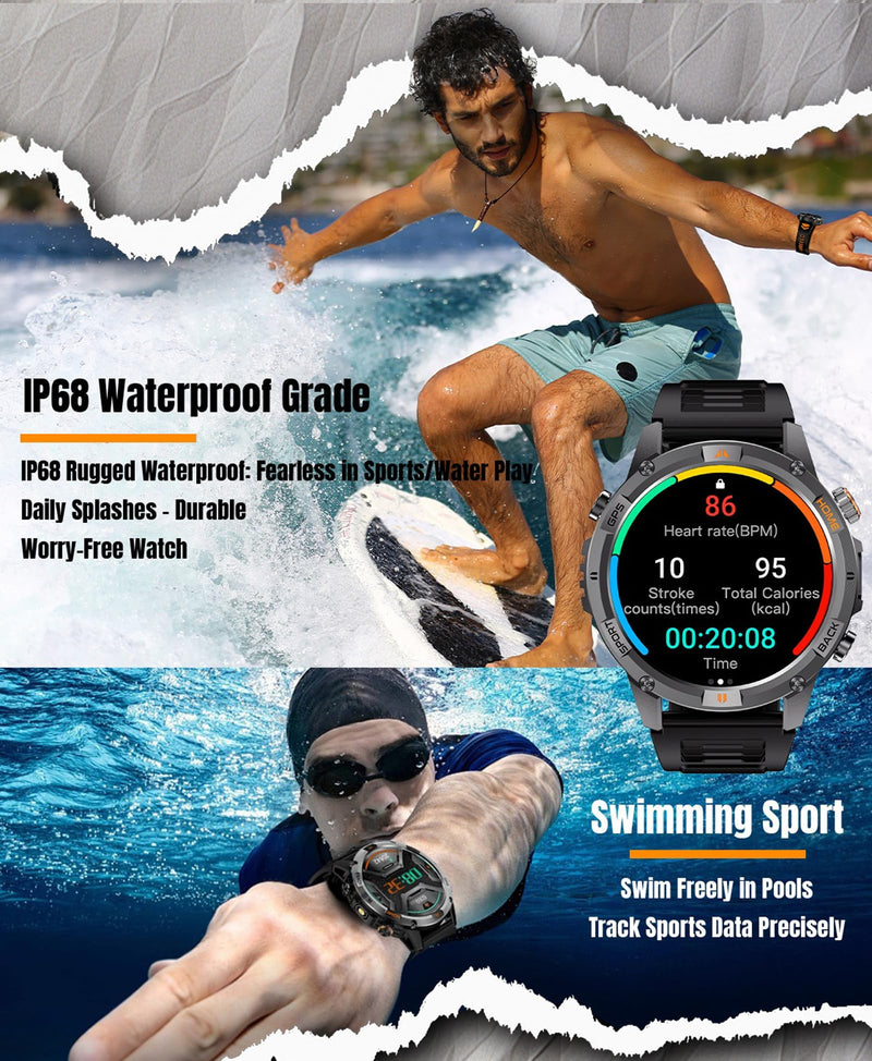 Military Outdoor GPS Smartwatch for Men Sport Watch with GPS Tracking IP68 Waterproof 100+ Sports Modes Heart Rate Blood Pressure Monitor Sleep Tracker Bluetooth Calls Activity & Fitness Tracker Black