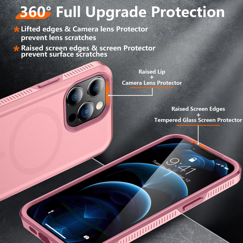 Red2Fire Strong Magnetic for iPhone 12 Pro Max Case, [Compatible with MagSafe] [Tempered Glass Screen Protector + Camera Lens Protector] Heavy Duty Shockproof Protective Phone Case Cover (Pink) Pink-Mag