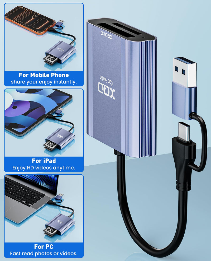 XQD Card Reader - 2 in 1 XQD SD Memory Card Adapter with USB-C/USB-A, 5Gbps Aluminum XQD Reader for iPhone 17/16/15, Windows/MacOS/Android, Sony G/M Series, Lexar 2933x/1400x, XQD and SD Card Reader