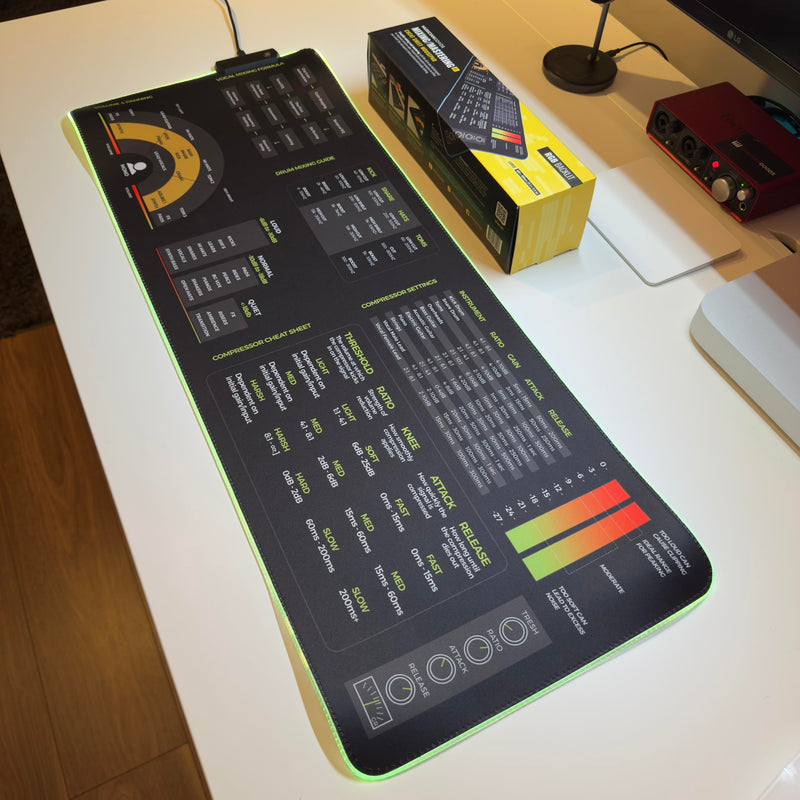 Mixing & Mastering Cheat Sheet Mousepad – 35×25cm (13.8"x9.8") & 80×30cm (31.5"x11.8") – Studio Desk Mat for Music Producers, DJs & Engineers – LED Version Available XXL with LED (800x300mm)