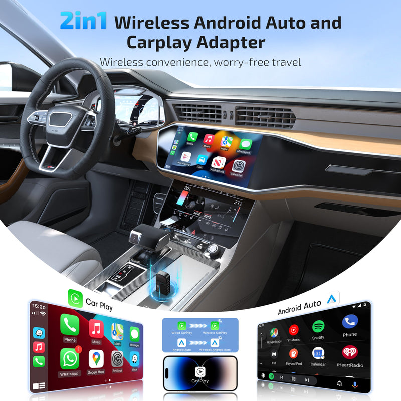 ByteWave Wireless Android Auto & CarPlay Adapter 2-in-1 Converts Wired to Wireless 2025 Upgraded, Plug-and-Play Dongle with Low Latency, Connect for iOS10+/Android 11+ Cars - Brown