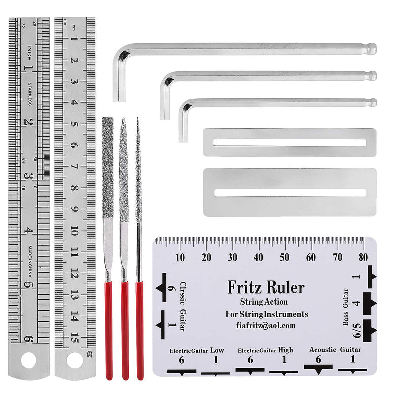 Guitar Repairing Tool Kit(26PCS) Wire Plier,String Organizer,Fingerboard Protector,Hex Wrenches, Files, String Ruler Action Ruler, Spanner Wrench,Bridge Pins for Guitar Ukulele Bass Mandolin Banjo