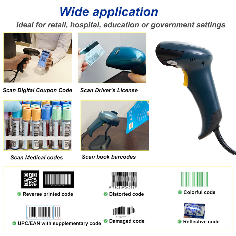 [AUSTRALIA] - TEEMI QR Barcode Scanner with Handsfree AutoSensing Stand Handheld Automatic USB Wired 1D 2D Bar Codes Reader Global Shutter Scan Rectangle Datamatrix OCR IMB Driver's License Codes Scanner + Stand 