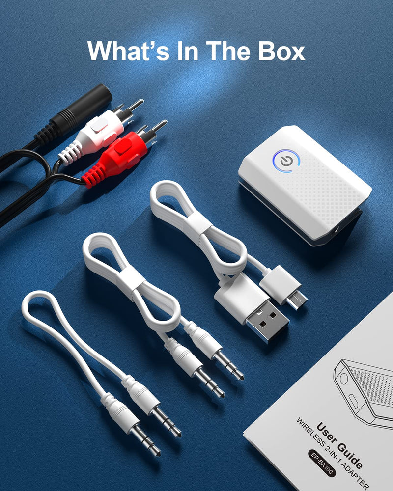 Bluetooth Transmitter Receiver V5.0 Bluetooth Adapter for Audio, 2-in-1 Bluetooth AUX Adapter for TV/Car/PC/MP3 Player/Home Theater/Switch, Low Latency, Pairs 2 Devices Simultaneously White