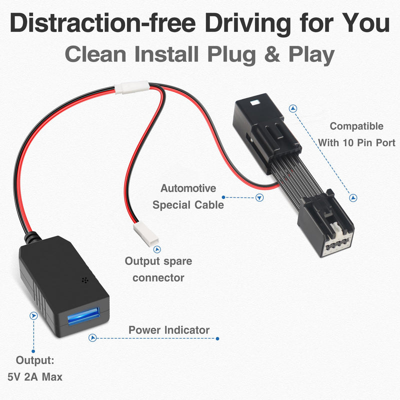 [AUSTRALIA] - YQMAJIM DashCam Power Adapter,(10P TypeD) Compatible with GMC,Chevy,Cadillca,Buick Models with Auto Dimming Rearview Mirror,Built-in Hide USB to GPS Radar Mirror Camera Dash Cam Charger Adapter Cable 